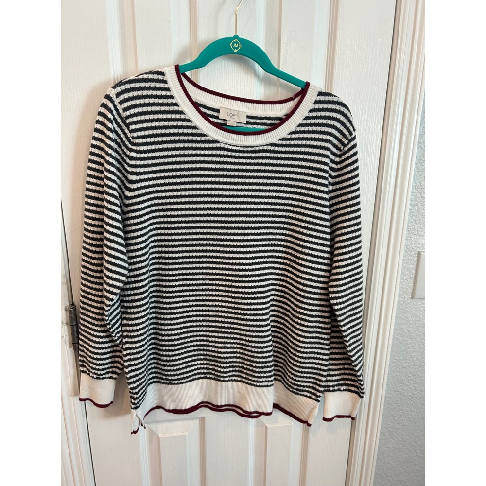 Loft Outlet Sweater Black White Striped Burgundy Trim Cotton Knit Pullover‎ XL